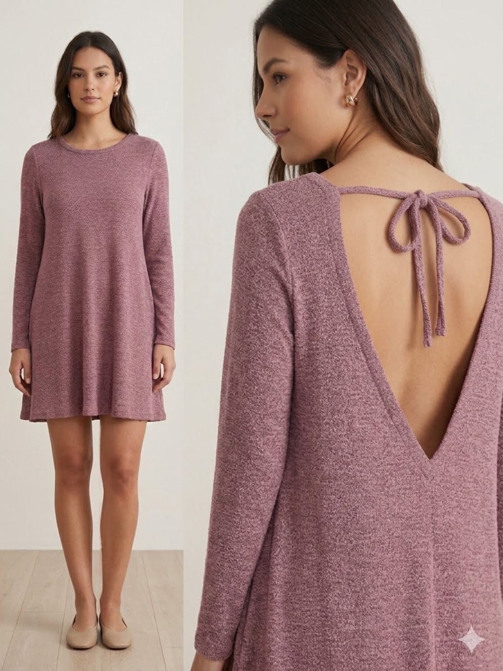 Open-Back Long-Sleeve Knit Dress in Dusty Rose